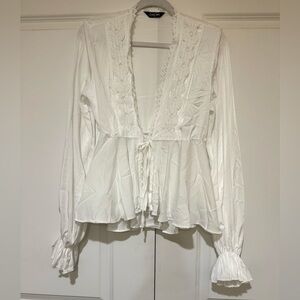 ChicMe White Long Sleeve Blouse With Lace Trim & Tie Closure Size M
